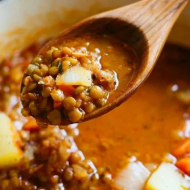 Bowl of easy lentil potato soup with fresh herbs and ingredients