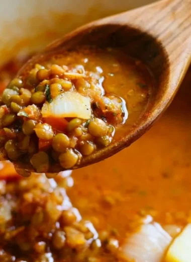 Bowl of easy lentil potato soup with fresh herbs and ingredients
