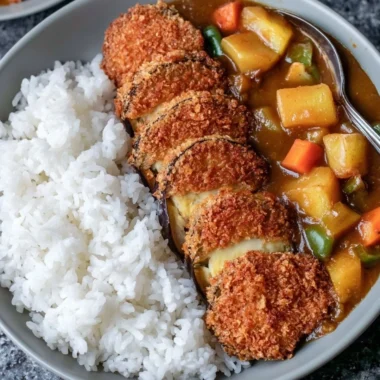 Crispy Eggplant Katsu served with dipping sauce and garnishes