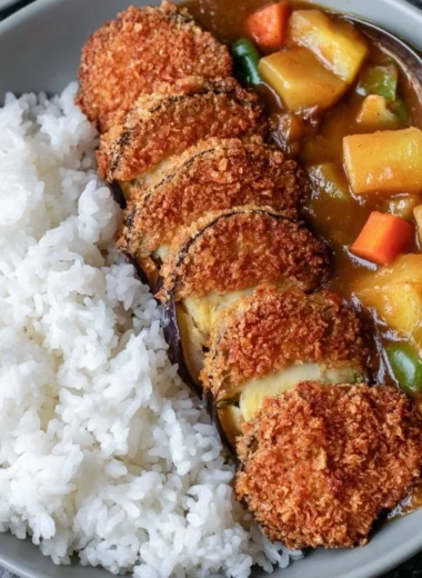 Crispy Eggplant Katsu served with dipping sauce and garnishes