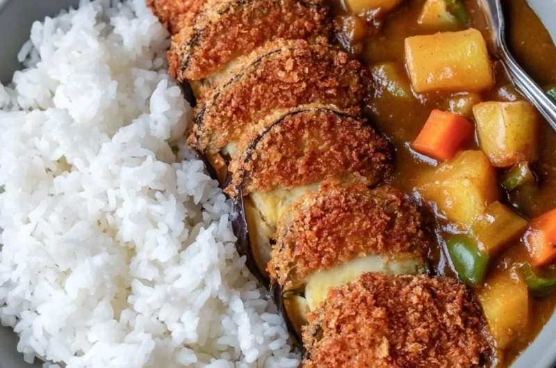 Crispy Eggplant Katsu served with dipping sauce and garnishes