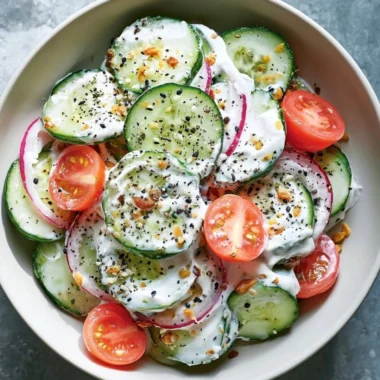 Fresh cucumber salad with Everything Bagel seasoning in a vibrant bowl.