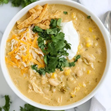 Bowl of green chile chicken enchilada soup topped with cheese and cilantro.