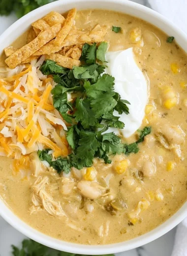 Bowl of green chile chicken enchilada soup topped with cheese and cilantro.