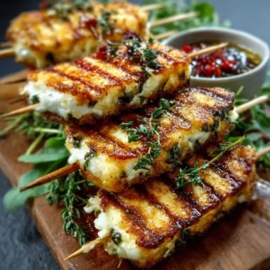 Grilled halloumi skewers garnished with lemon and thyme, served on a platter.