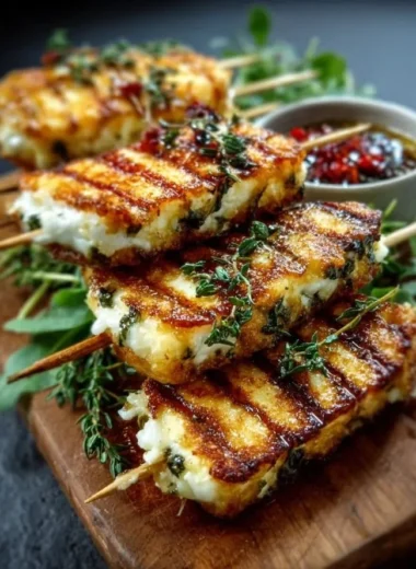 Grilled halloumi skewers garnished with lemon and thyme, served on a platter.