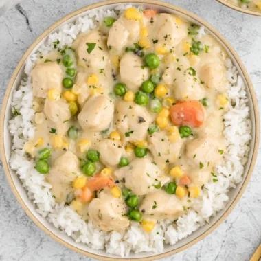 High-protein crustless chicken pot pie served in a bowl