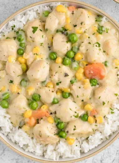 High-protein crustless chicken pot pie served in a bowl