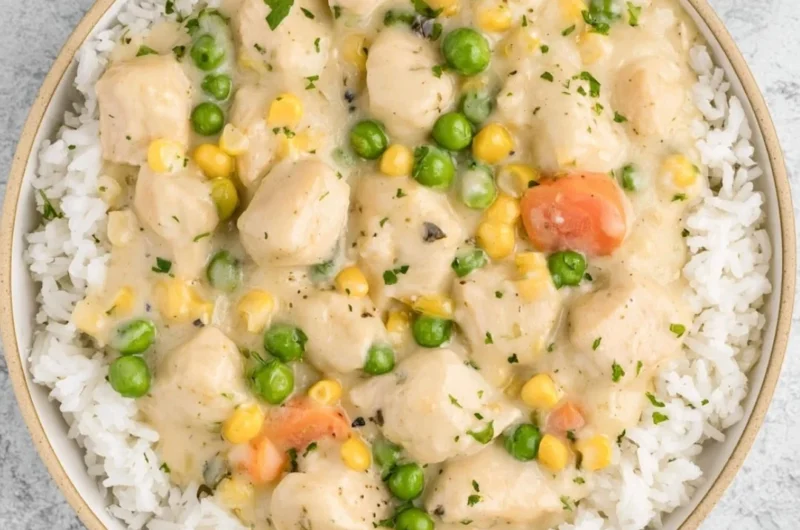 High-protein crustless chicken pot pie served in a bowl