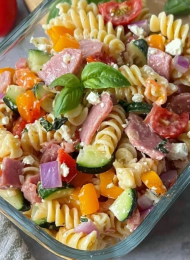 High-protein Italian pasta salad with colorful vegetables and dressing in a bowl