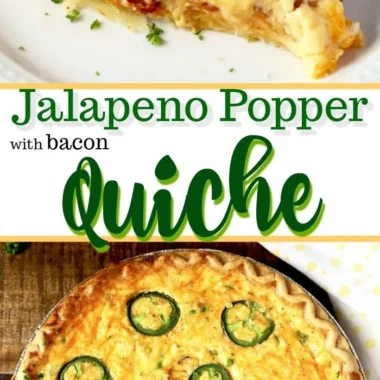 Delicious jalapeno popper quiche garnished with fresh jalapenos and cheese.