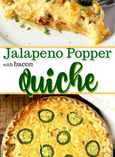 Delicious jalapeno popper quiche garnished with fresh jalapenos and cheese.