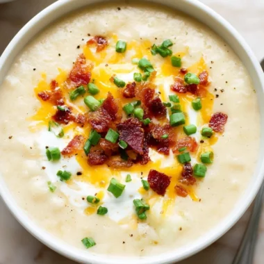 Bowl of loaded potato soup topped with cheese, bacon, and chives