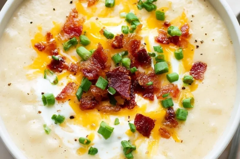Bowl of loaded potato soup topped with cheese, bacon, and chives