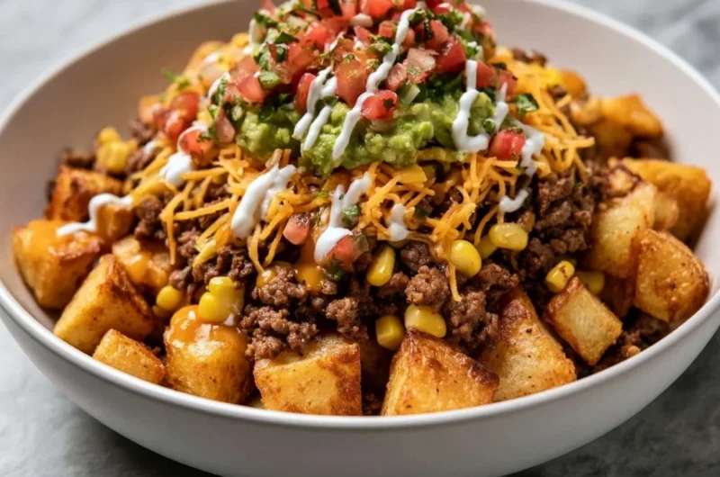 Delicious Loaded Potato Taco Bowl with crispy potatoes and fresh toppings