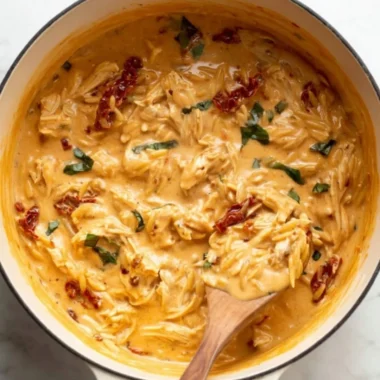 Marry Me Chicken Orzo served on a plate with fresh herbs and ingredients.