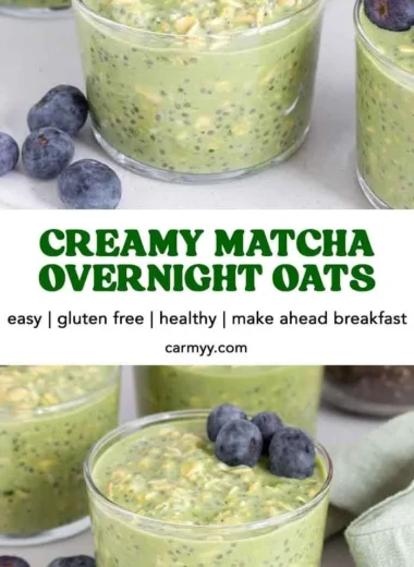 Bowl of Matcha Overnight Oats topped with fruits and nuts