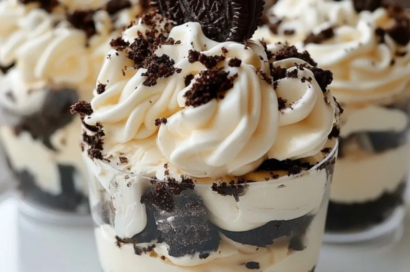 No-bake Oreo cheesecake cups topped with crushed Oreos and whipped cream.