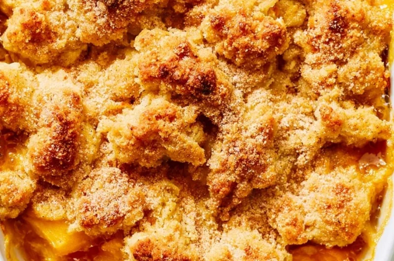 Delicious homemade Peach Cobbler with golden crust and juicy peach filling.