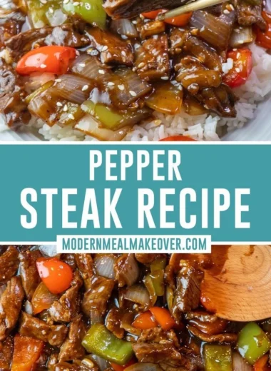 A plate of flavorful pepper steak cooked with bell peppers and spices