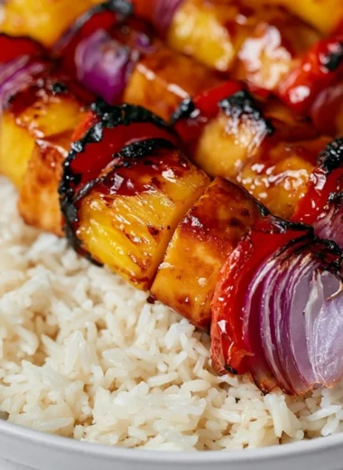 Grilled Pineapple Chicken Kabobs served with colorful vegetables on skewers.