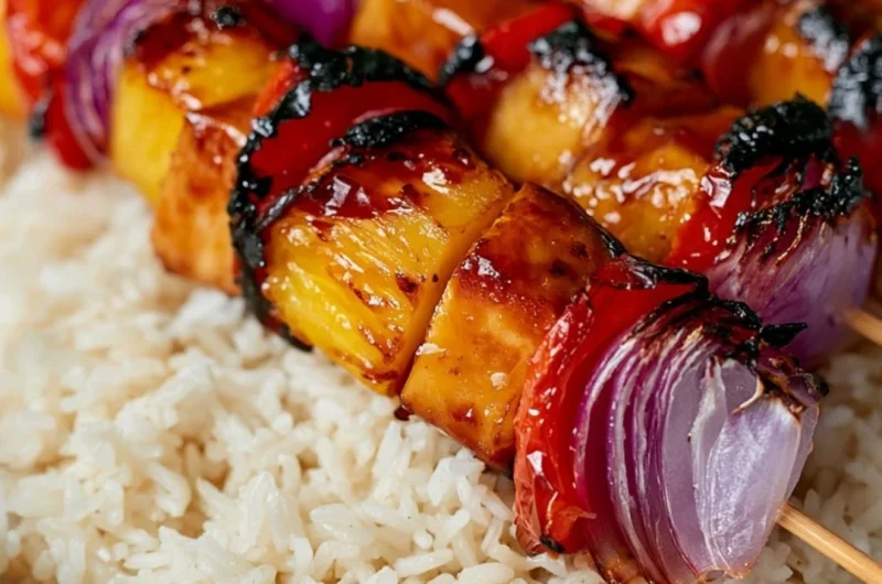 Grilled Pineapple Chicken Kabobs served with colorful vegetables on skewers.