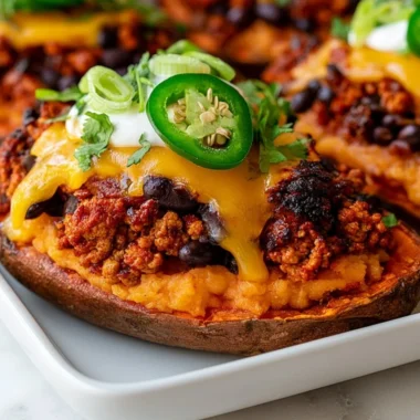 Delicious protein loaded sweet potato boats topped with fresh ingredients