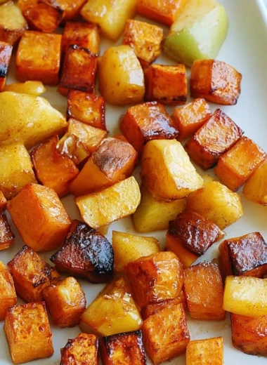 Delicious roasted apple cinnamon sweet potatoes garnished with herbs