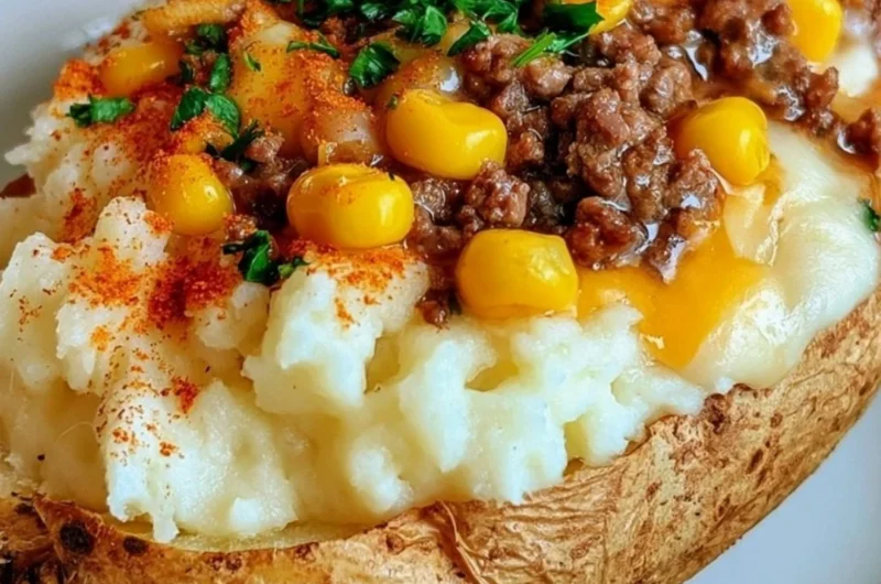 Delicious Shepherd's Pie Baked Potato topped with meat and vegetables