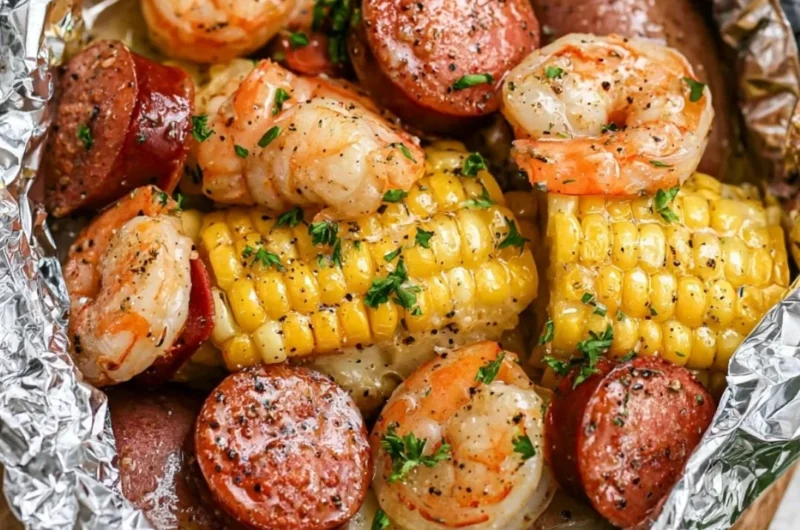 Delicious shrimp boil foil packets ready for grilling