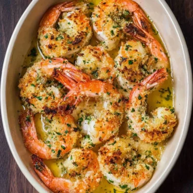 Plate of Shrimp Oreganata topped with herbs and breadcrumbs