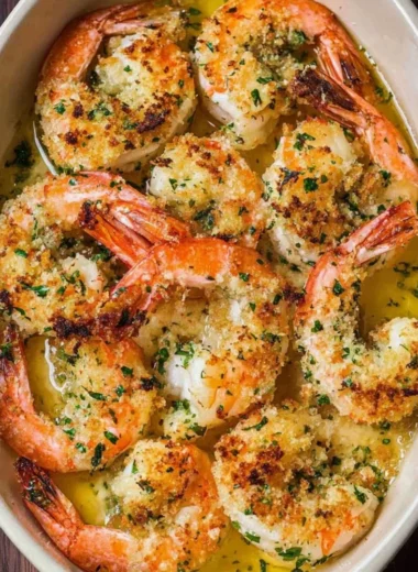 Plate of Shrimp Oreganata topped with herbs and breadcrumbs