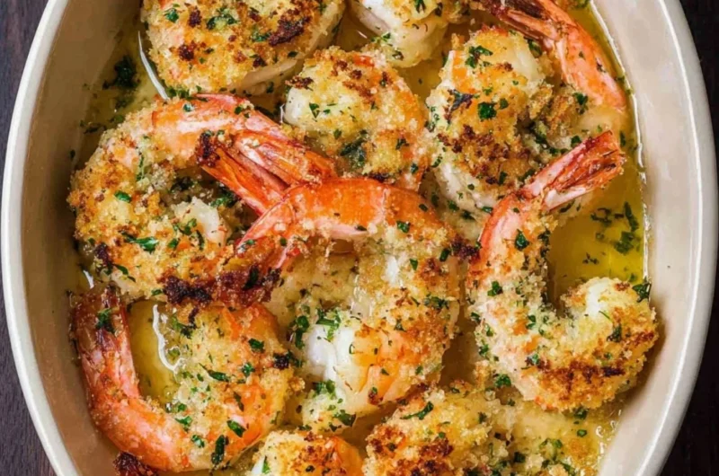 Plate of Shrimp Oreganata topped with herbs and breadcrumbs