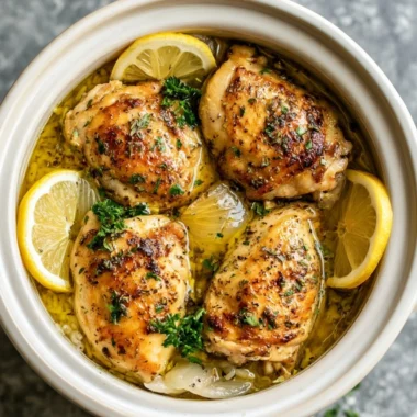 Slow cooker lemon herb chicken served with fluffy rice, a delicious meal idea.