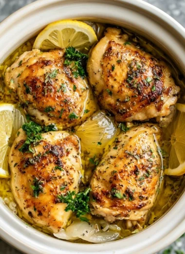 Slow cooker lemon herb chicken served with fluffy rice, a delicious meal idea.