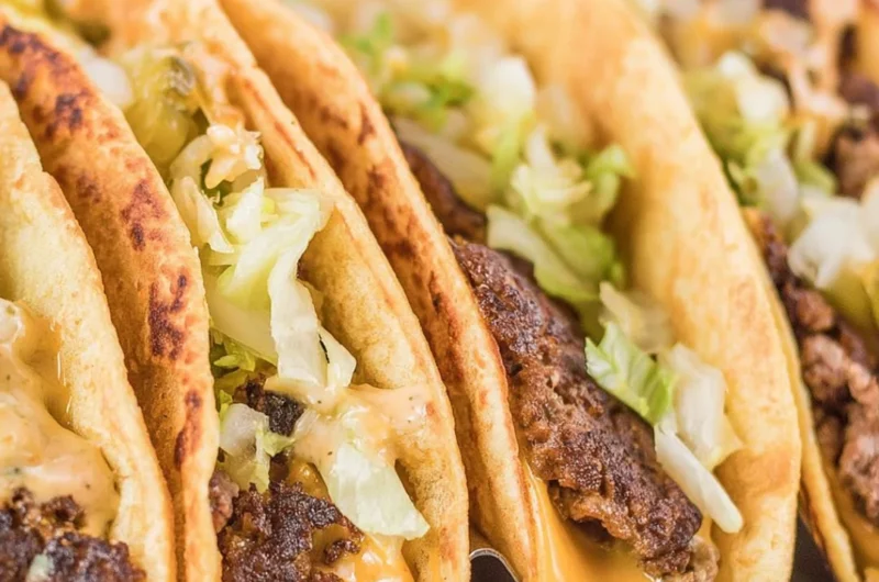 Delicious Smash Burger Tacos topped with fresh ingredients on a wooden table.
