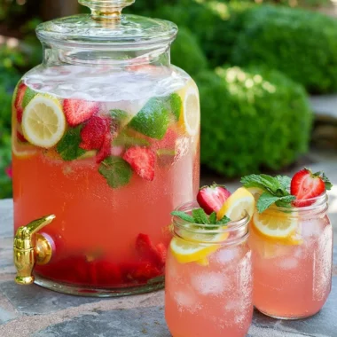 A refreshing glass of sparkling lemonade punch garnished with lemon slices.