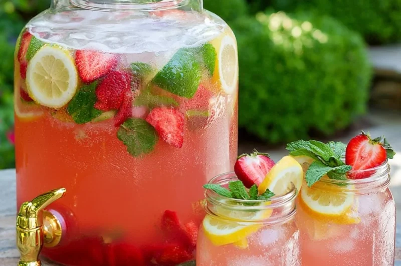 A refreshing glass of sparkling lemonade punch garnished with lemon slices.