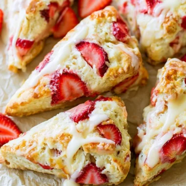 Delicious strawberries and cream scones on a plate with fresh strawberries.
