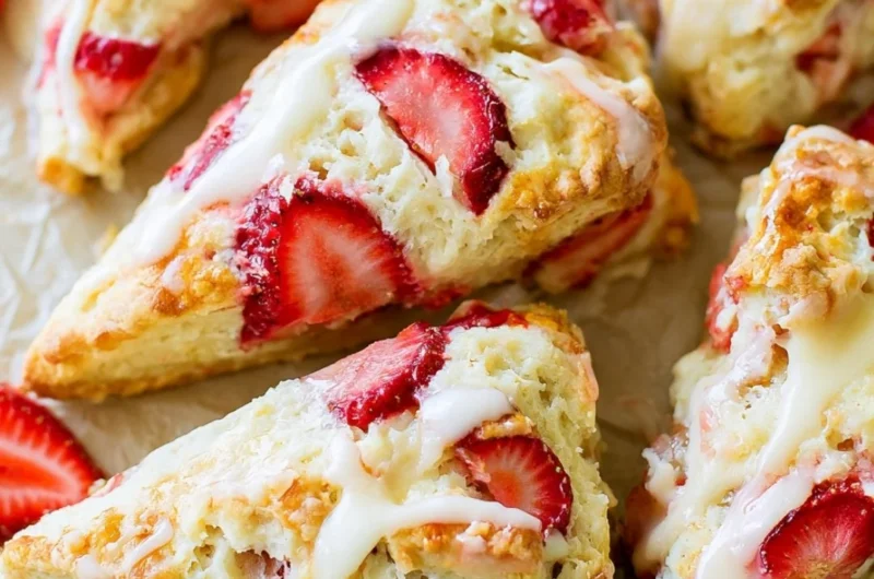 Delicious strawberries and cream scones on a plate with fresh strawberries.