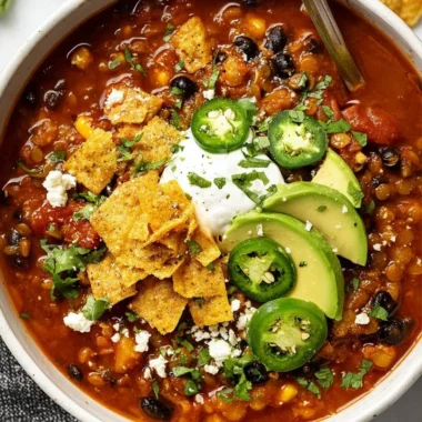 Bowl of Vegan Black Bean & Lentil Chili garnished with fresh herbs.
