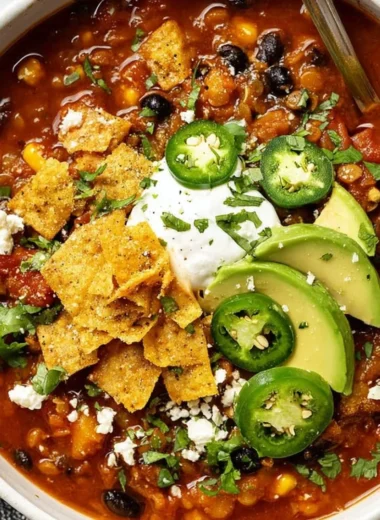 Bowl of Vegan Black Bean & Lentil Chili garnished with fresh herbs.