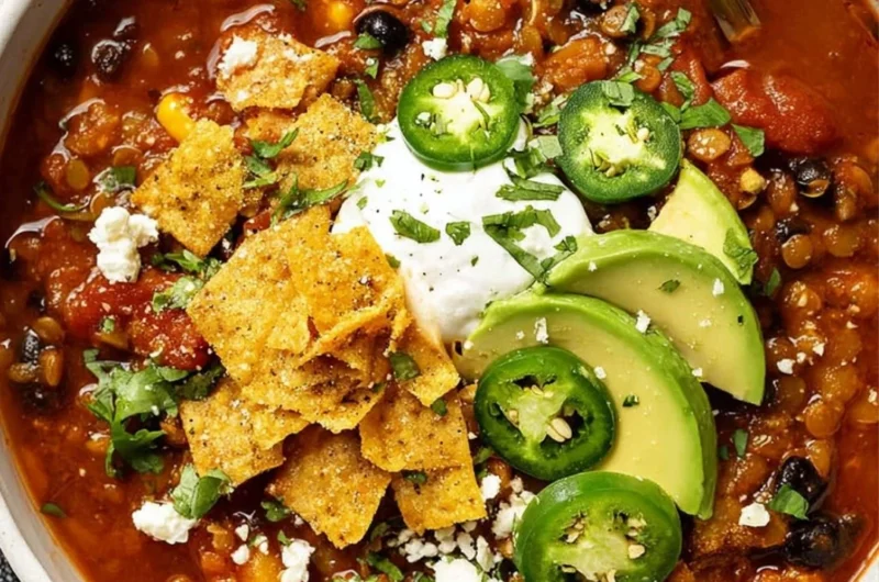 Bowl of Vegan Black Bean & Lentil Chili garnished with fresh herbs.