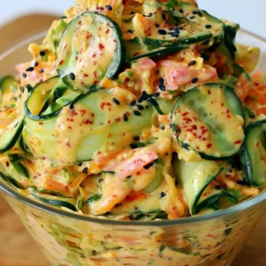 Creamy Asian cucumber salad in a bowl garnished with sesame seeds and green onions