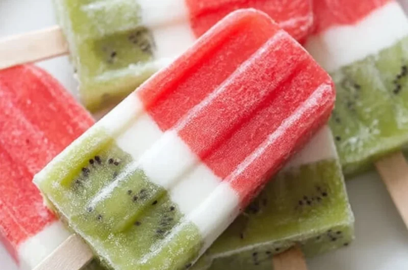 Homemade watermelon popsicles on a sunny outdoor table.
