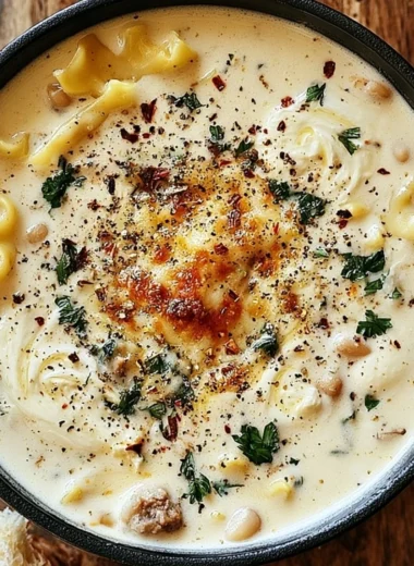 Bowl of creamy white lasagna soup topped with fresh herbs