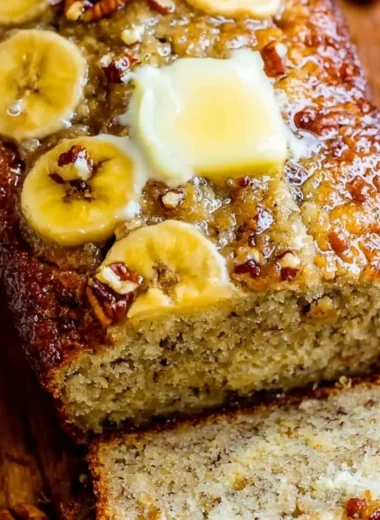 Slice of the world's best banana bread on a wooden cutting board
