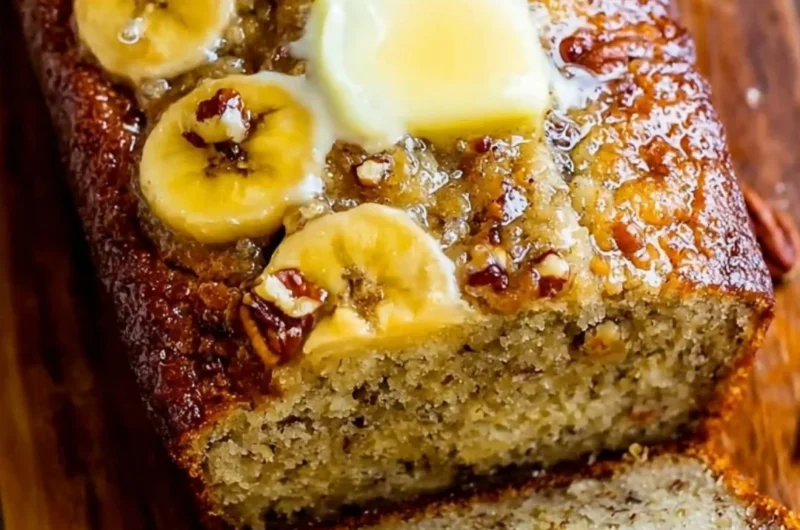 Slice of the world's best banana bread on a wooden cutting board