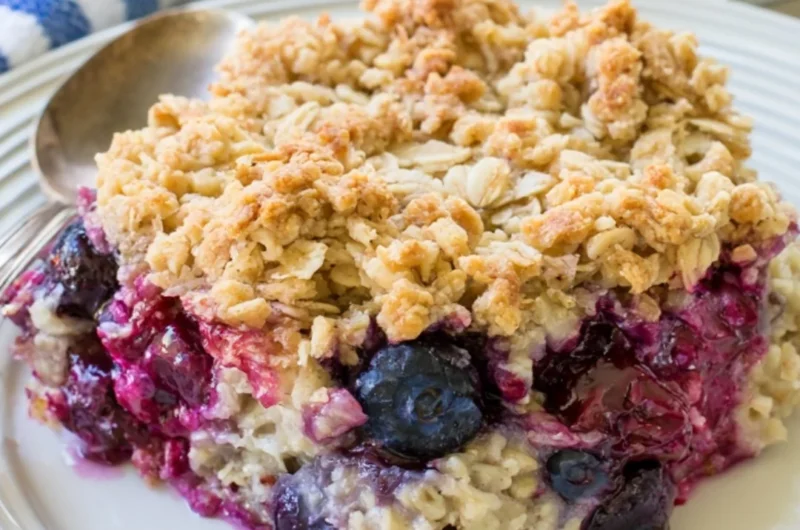 Delicious Blueberry Baked Oatmeal served in a bowl topped with fresh blueberries.