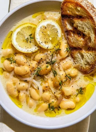 Bowl of brothy white beans with Parmesan cheese and a lemon slice on top.